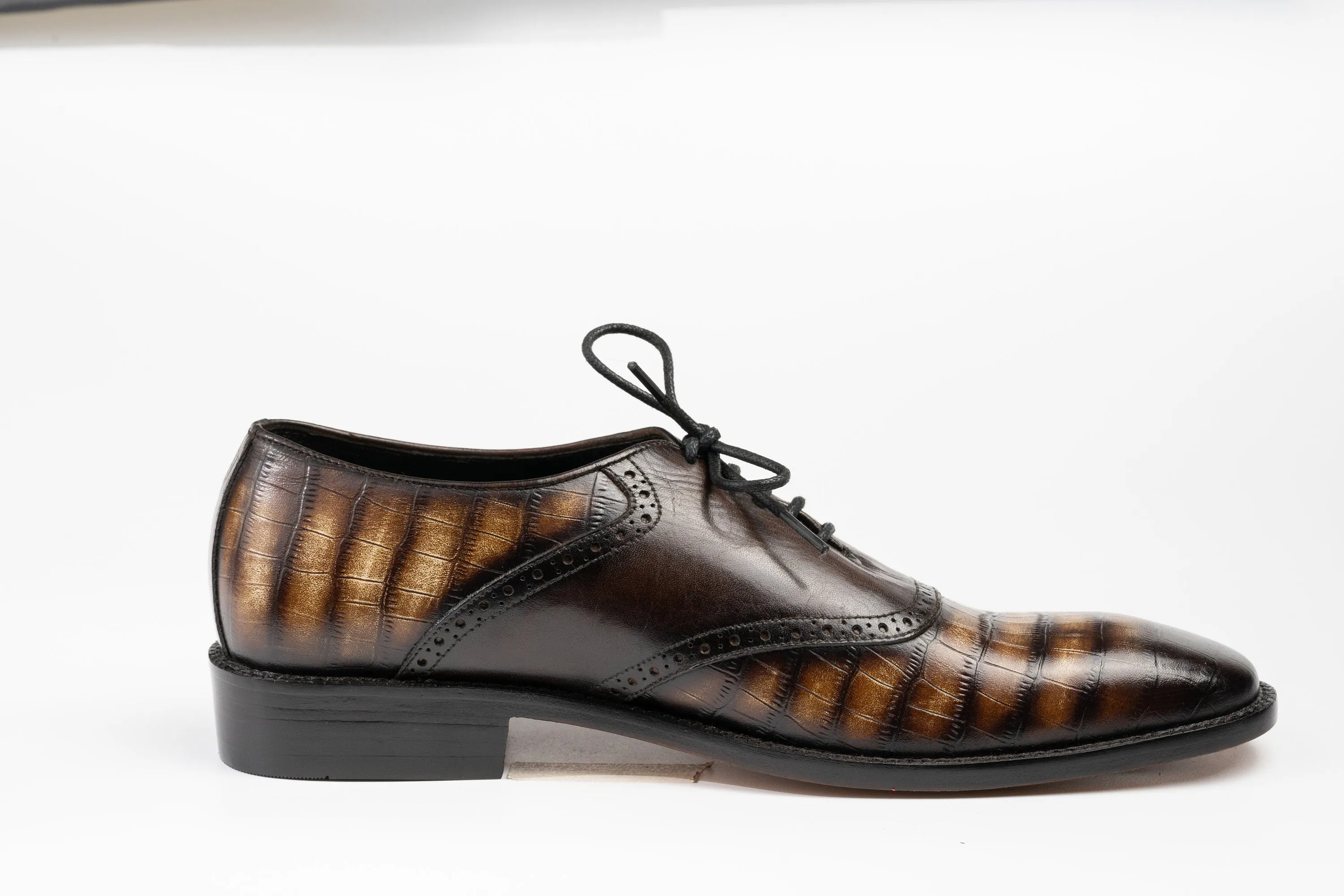 Brown Shaded Hand Dyed Patina Crocodile Leather Derby Shoes