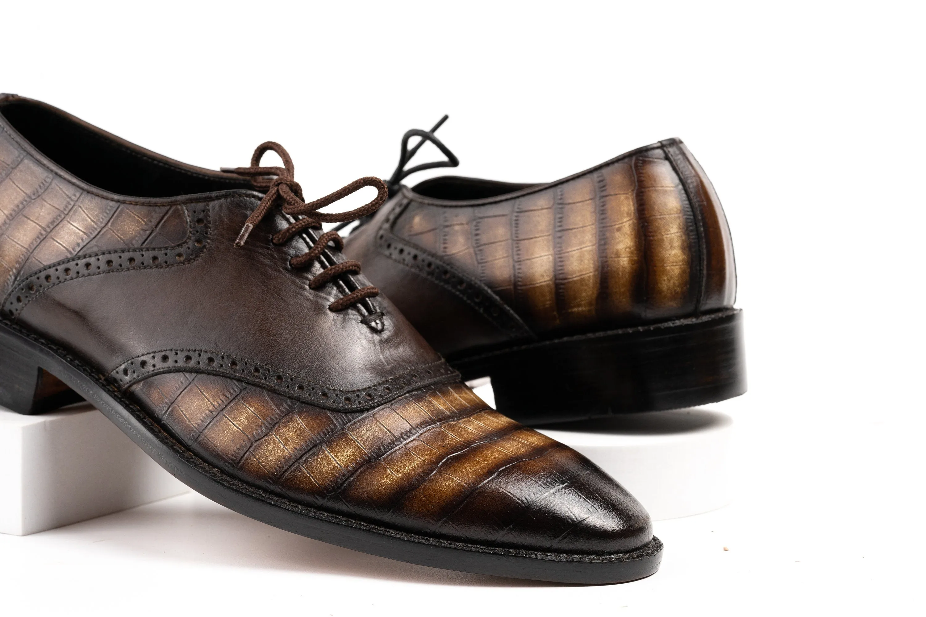 Brown Shaded Hand Dyed Patina Crocodile Leather Derby Shoes