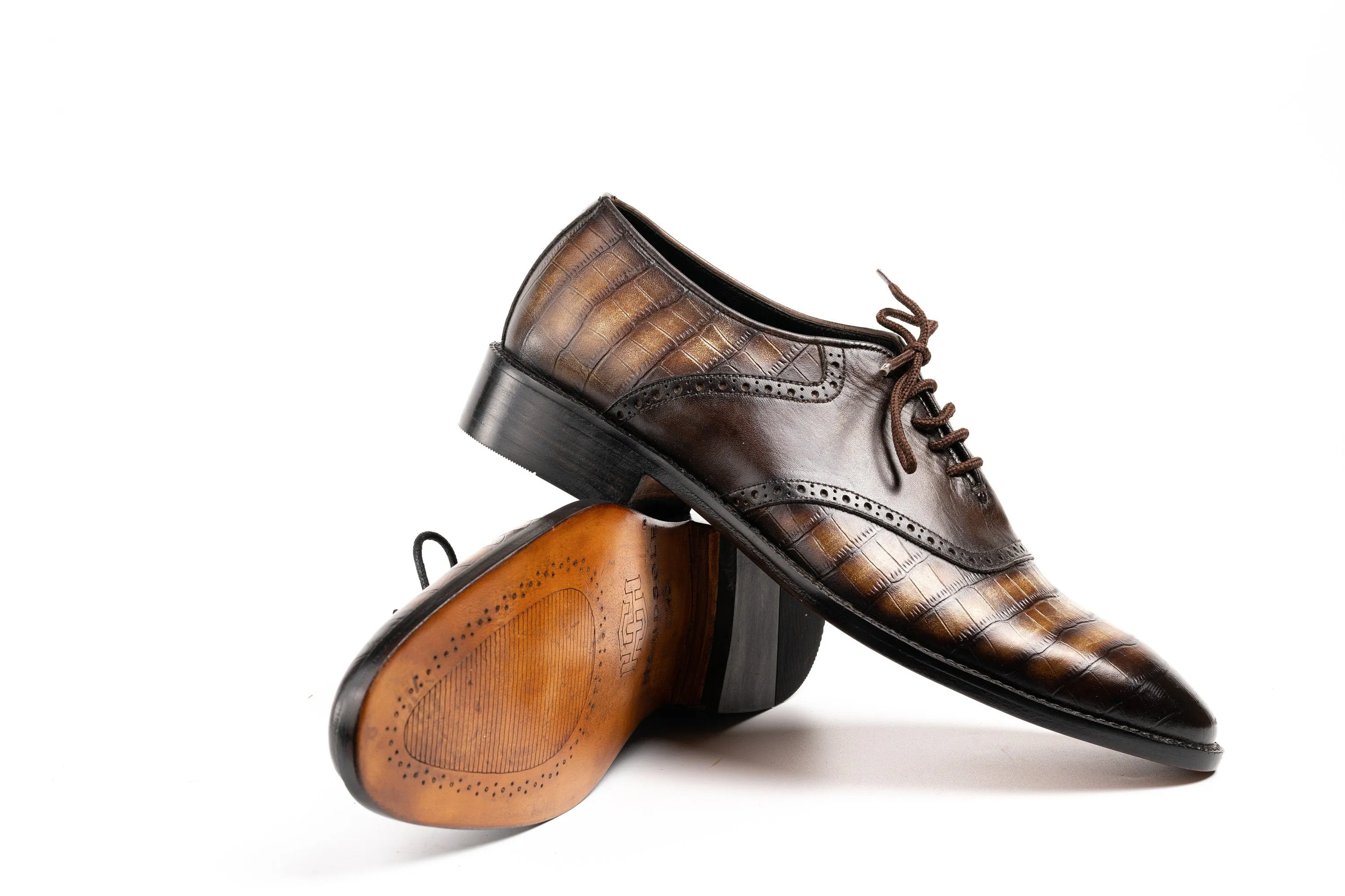 Brown Shaded Hand Dyed Patina Crocodile Leather Derby Shoes