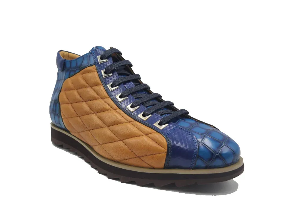 Carrucci Blue and Cognac Men's Lace-Up Embossed Alligator High Top Style-KB626-13E