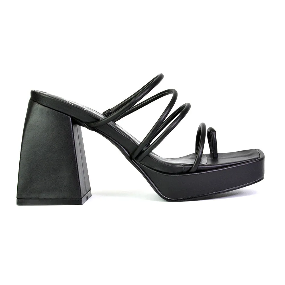 Colt Platform Strappy Square Toe Block High Heeled Mules Sandals in Black PU