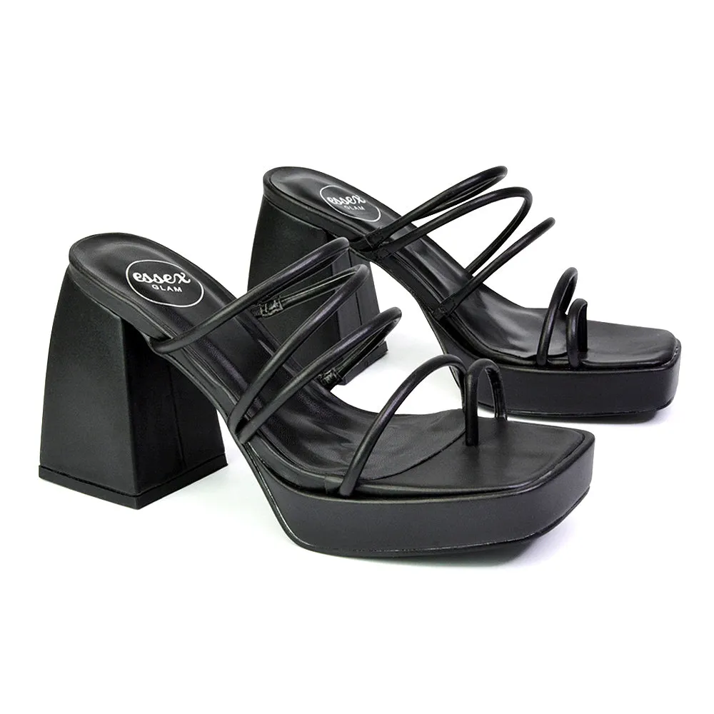 Colt Platform Strappy Square Toe Block High Heeled Mules Sandals in Black PU