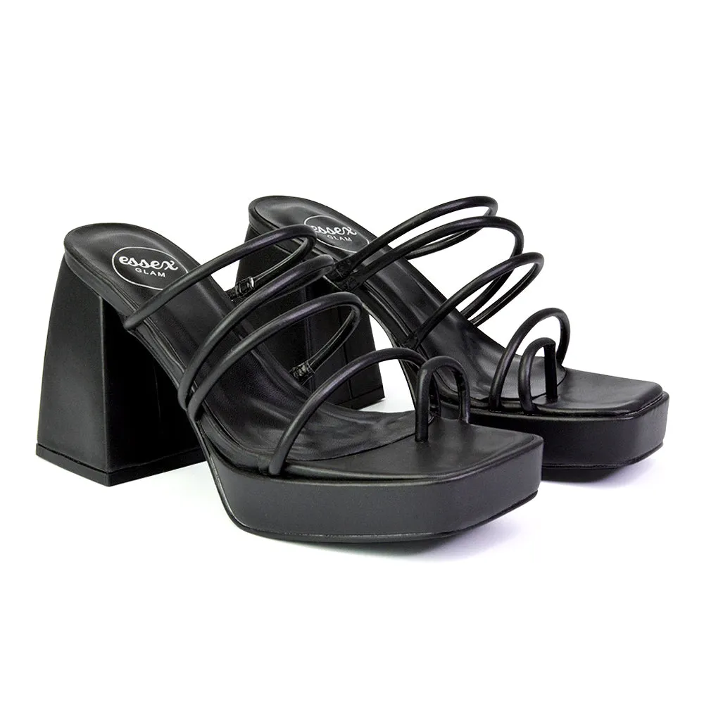 Colt Platform Strappy Square Toe Block High Heeled Mules Sandals in Black PU