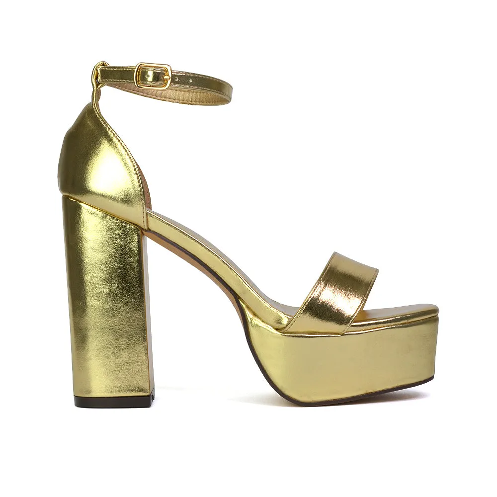 DOTTY CHUNKY BLOCK HIGH HEEL ANKLE STRAP SUPER HIGH PLATFORM SHOES IN GOLD