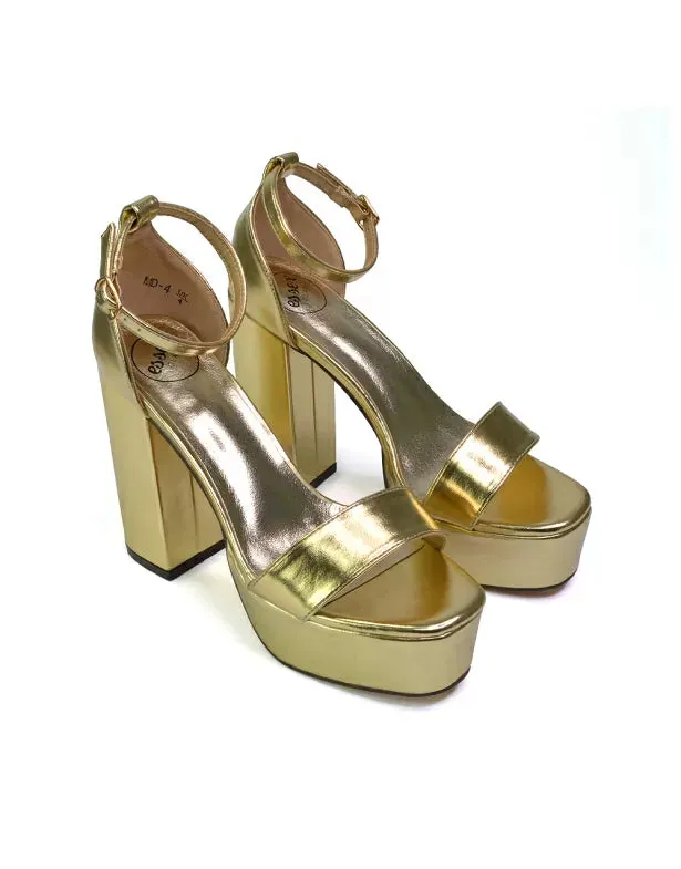 DOTTY CHUNKY BLOCK HIGH HEEL ANKLE STRAP SUPER HIGH PLATFORM SHOES IN GOLD