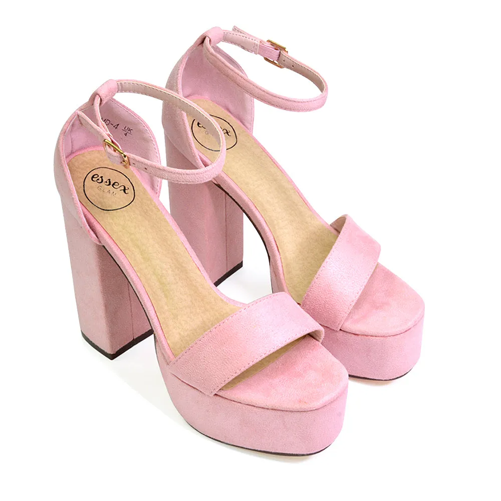 DOTTY CHUNKY BLOCK HIGH HEEL ANKLE STRAP SUPER HIGH PLATFORM SHOES IN PASTEL PINK FAUX SUEDE