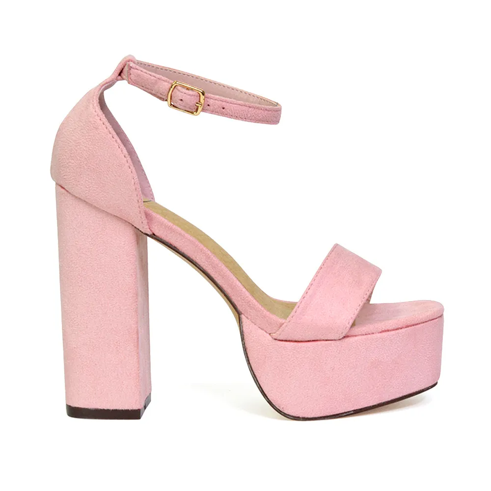 DOTTY CHUNKY BLOCK HIGH HEEL ANKLE STRAP SUPER HIGH PLATFORM SHOES IN PASTEL PINK FAUX SUEDE