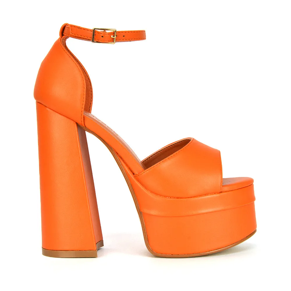 Elma Peep Toe Strappy Block High Heel Platform Sandals in Orange Syntheitc Leather