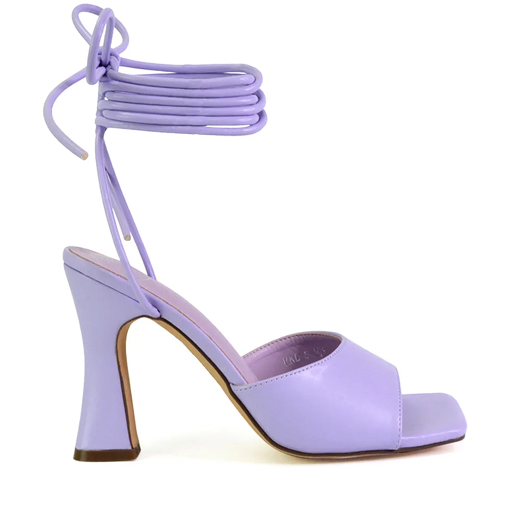 Flora Strappy Lace Up Block High Heels With a Square Toe in Blue