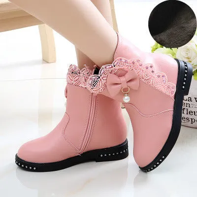 Girls Boots Fashion Rhinestone Bow Leather Ankle Boots