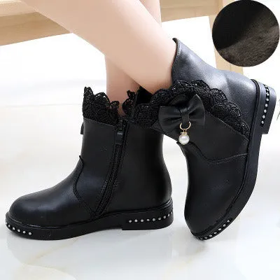 Girls Boots Fashion Rhinestone Bow Leather Ankle Boots