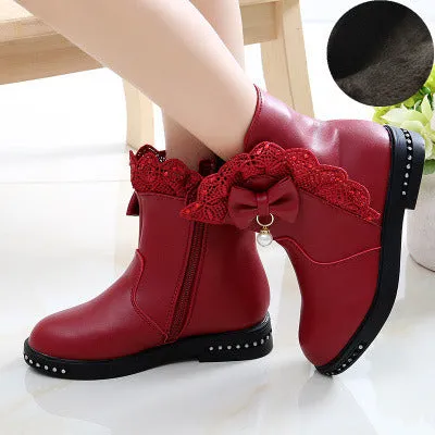 Girls Boots Fashion Rhinestone Bow Leather Ankle Boots