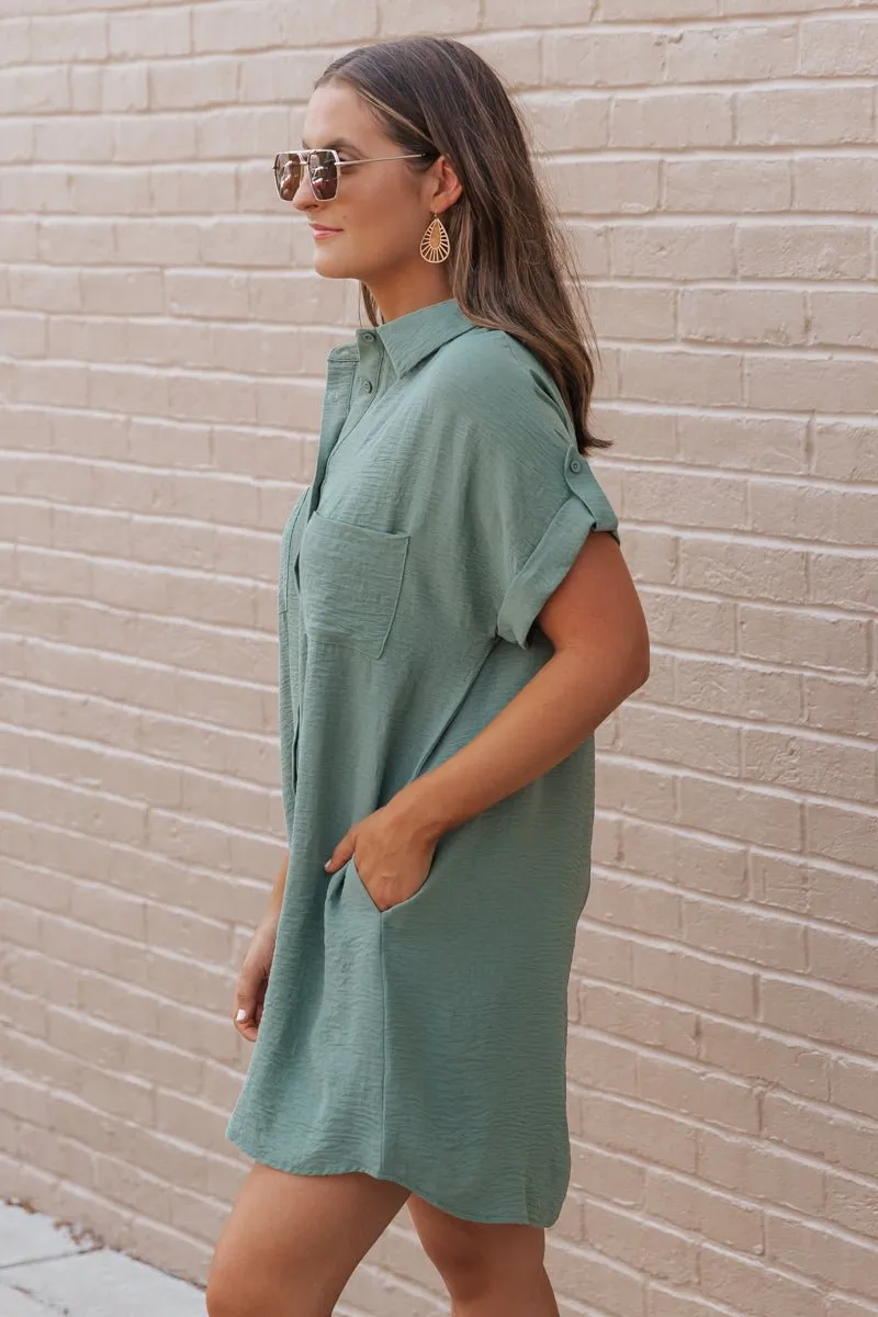 Green Button Up Shirt Dress - DOORBUSTER