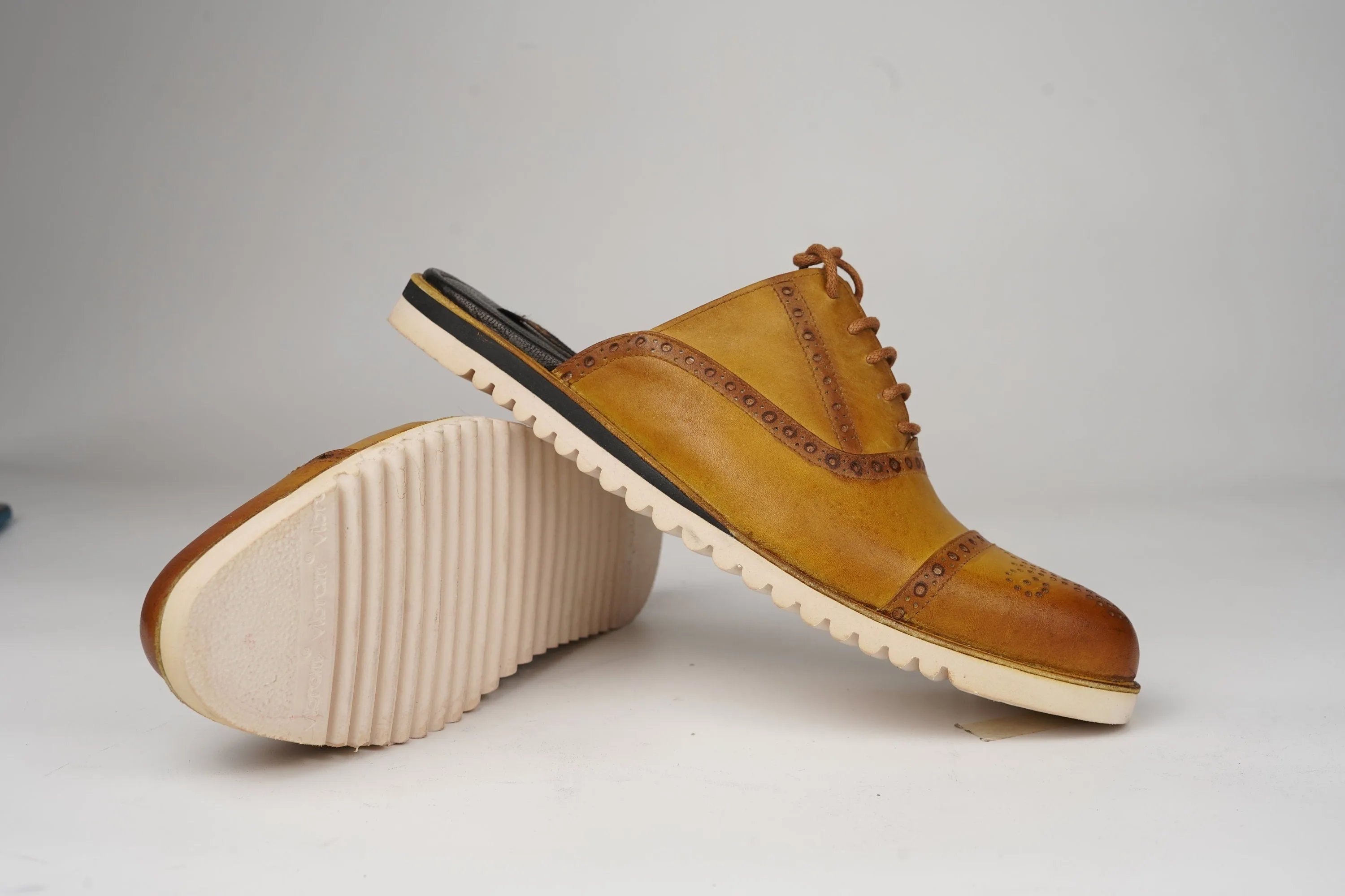 Hand burnished Tan Cap Toe Oxford Brogue Backless Slip-On Mule Custom Made-To-Order Shoes  Premium Quality Handmade