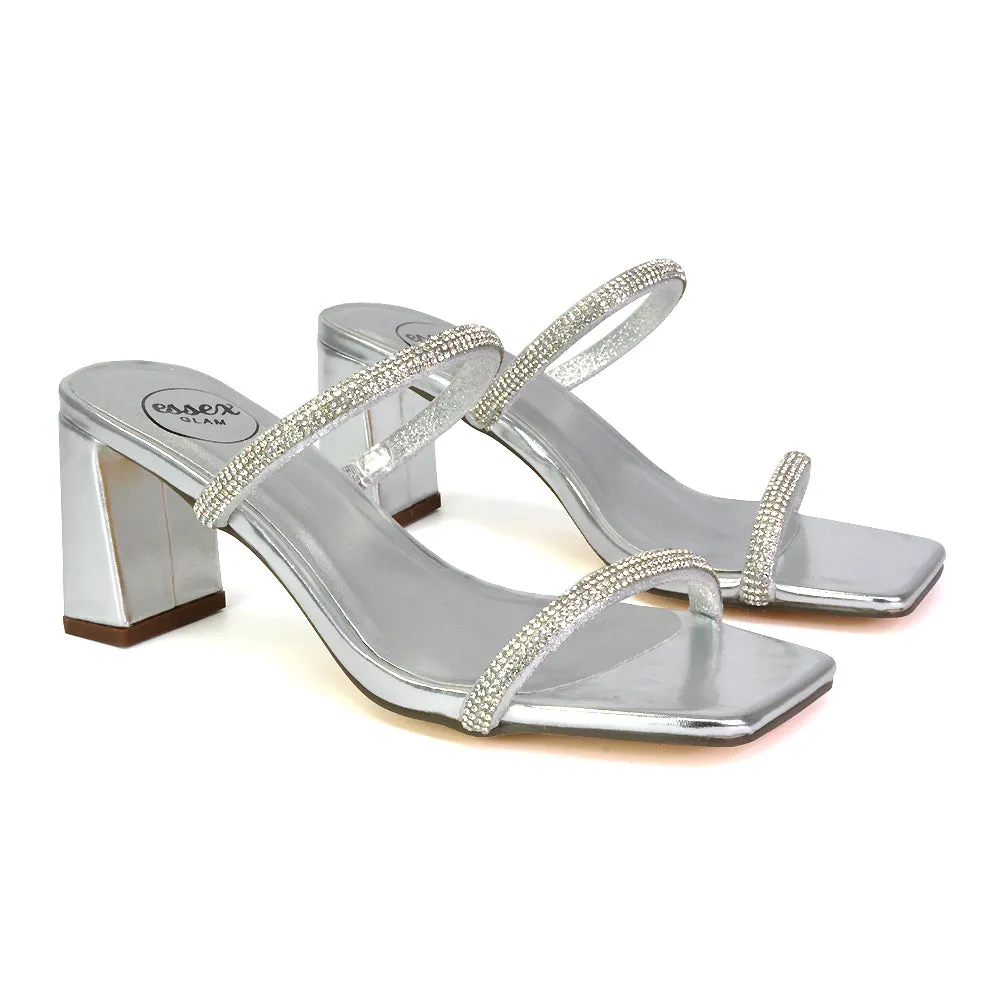 Holden Diamante Strap Square Toe Mid Block Heel Sandal Mules in Silver