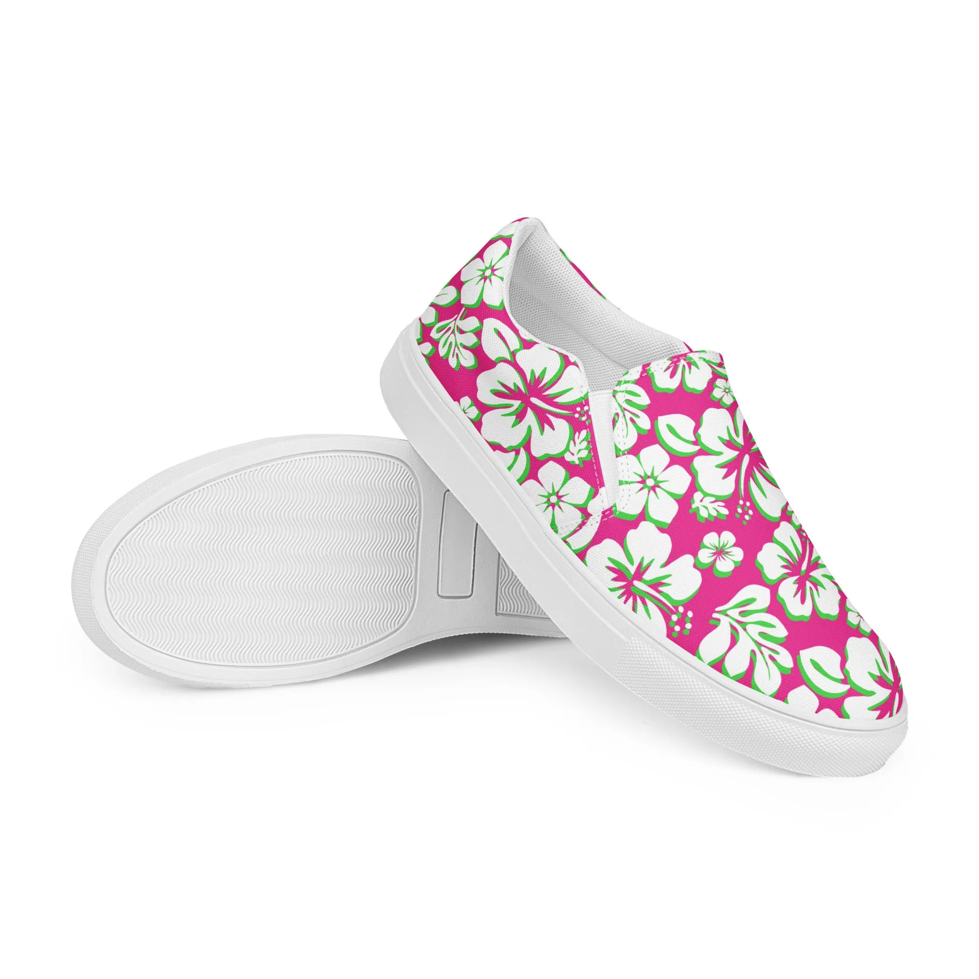 Hot Pink, Lime and White Hawaiian Flowers Women's Slip On Canvas Shoes