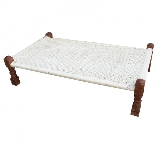 Indian Solid Wood Charpai Bench Khat Manjhi Woven Charpoy Daybed White