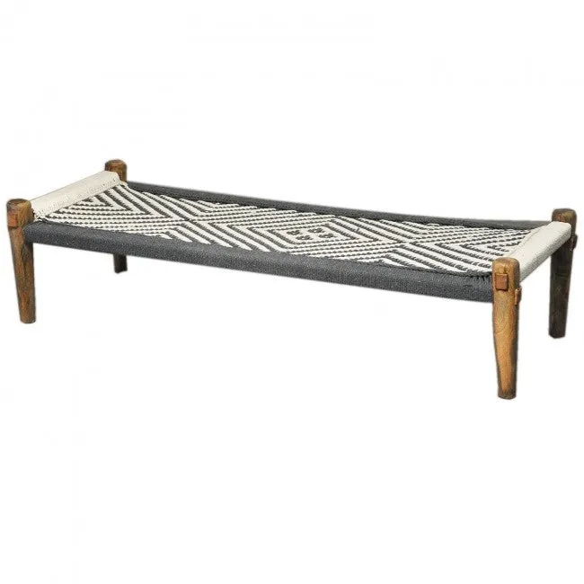 Indian Solid Wood Charpai Khat Manjhi Woven Charpoy Daybed Black & White L