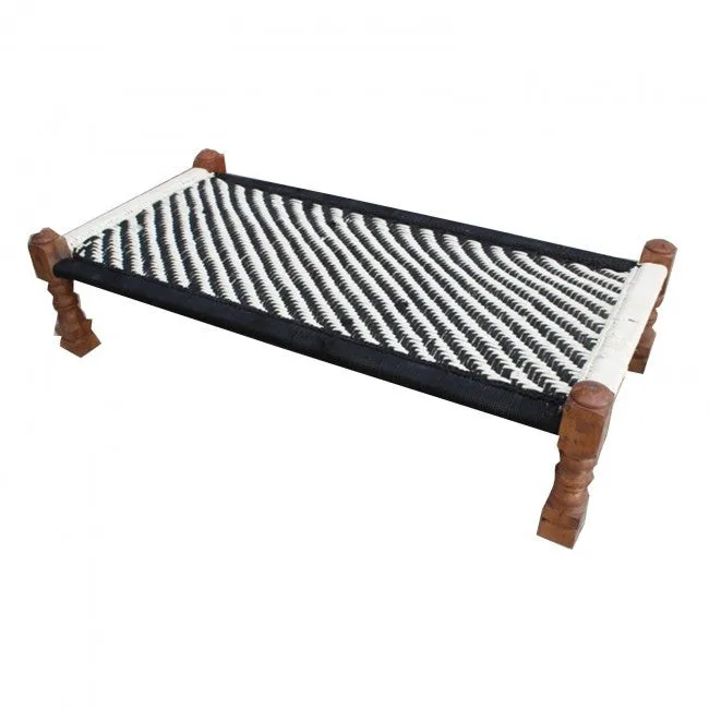 Indian Solid Wood Charpai Khat Manjhi Woven Charpoy Daybed Black & White