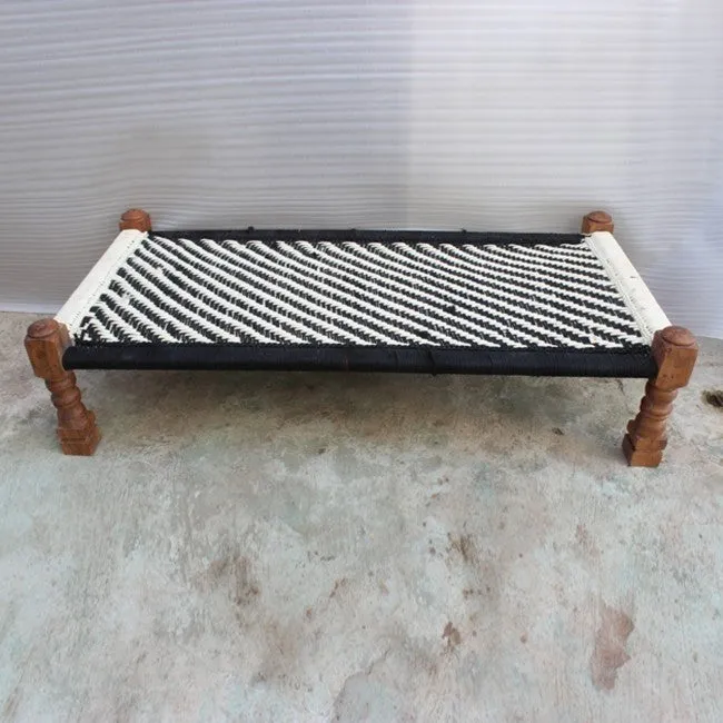 Indian Solid Wood Charpai Khat Manjhi Woven Charpoy Daybed Black & White