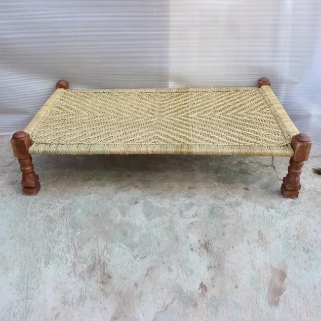 Indian Solid Wood Charpai Khat Manjhi Woven Charpoy Daybed Brown Jute L