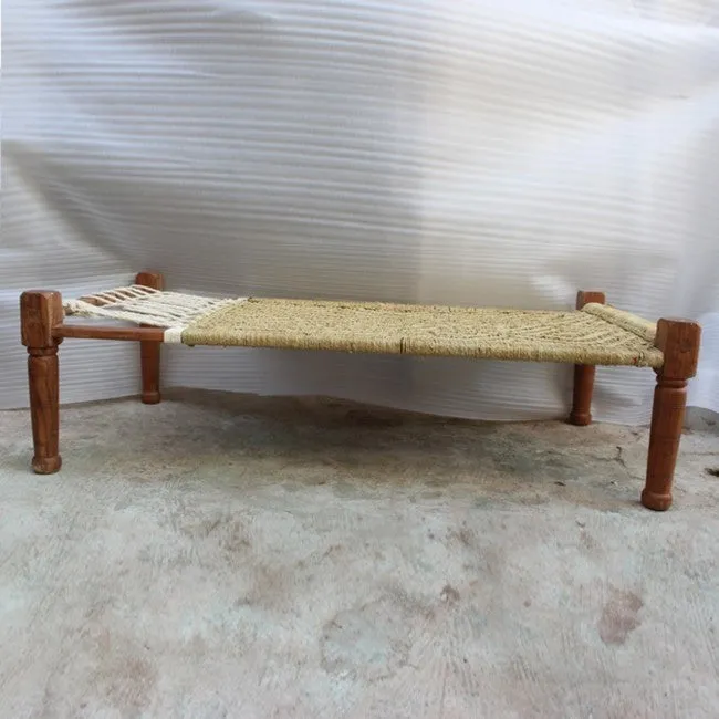 Indian Solid Wood Charpai Khat Manjhi Woven Charpoy Daybed Brown Jute XL