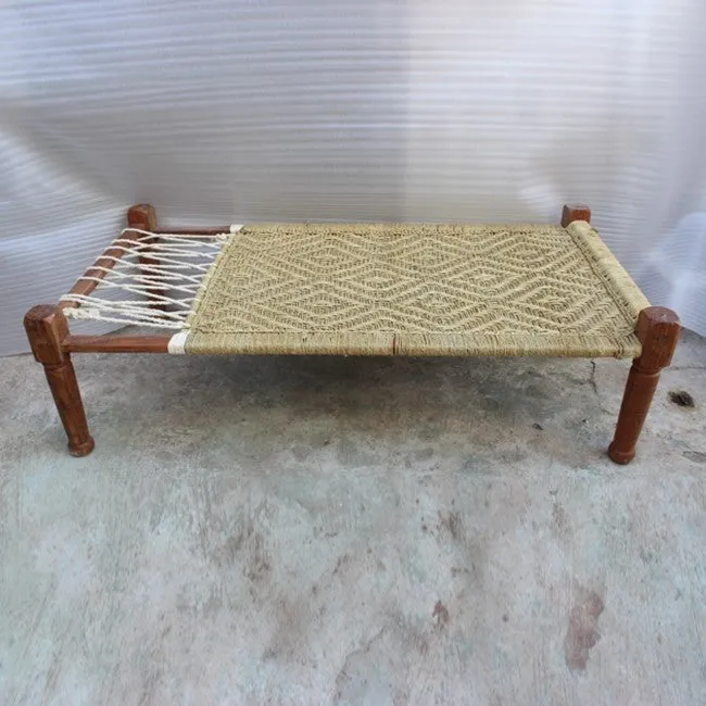 Indian Solid Wood Charpai Khat Manjhi Woven Charpoy Daybed Brown Jute XL