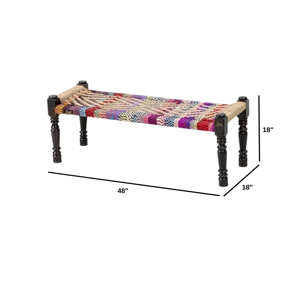 Indian Solid Wood Handmade Jute & Multicolor Rope Bench Khat Manjhi Woven Charpai Daybed (Copy)