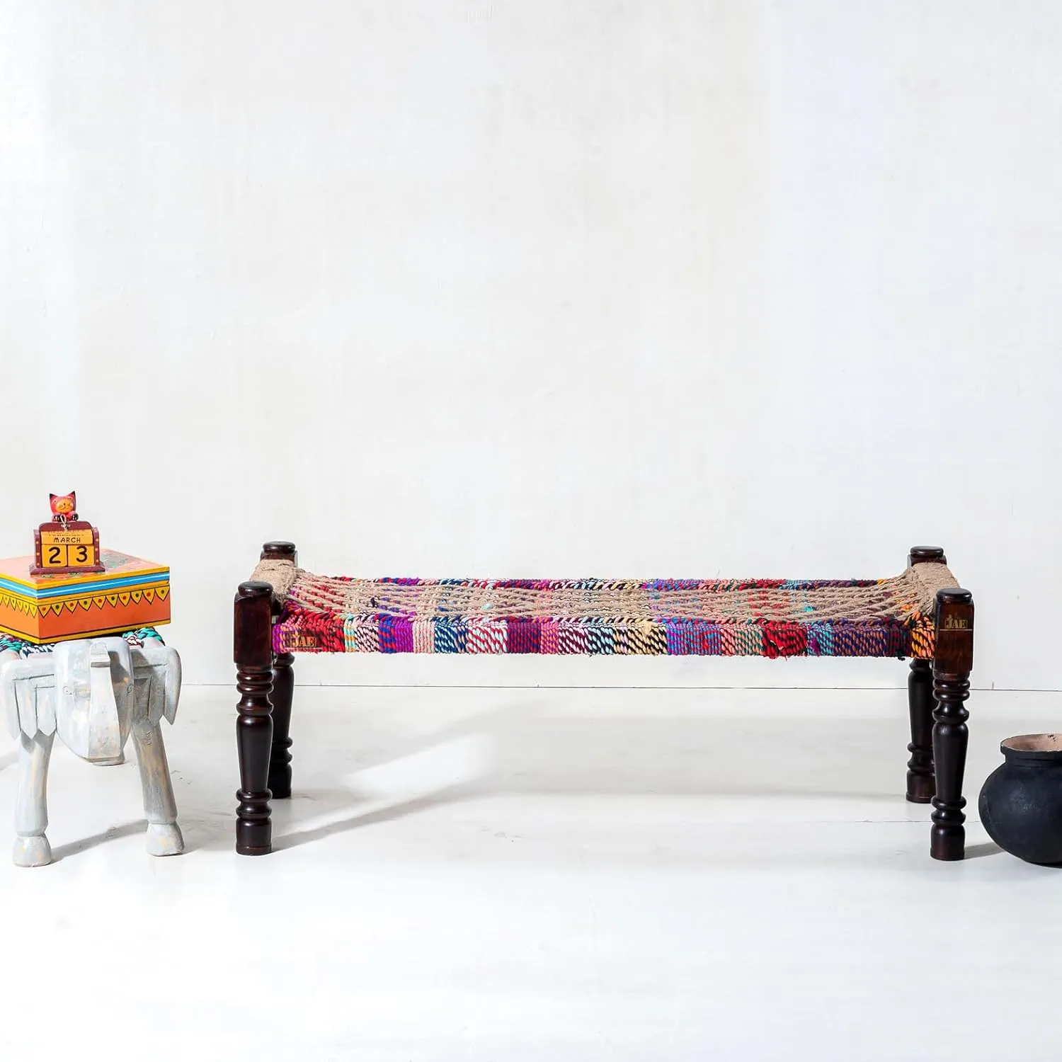 Indian Solid Wood Handmade Jute & Multicolor Rope Bench Khat Manjhi Woven Charpai Daybed (Copy)