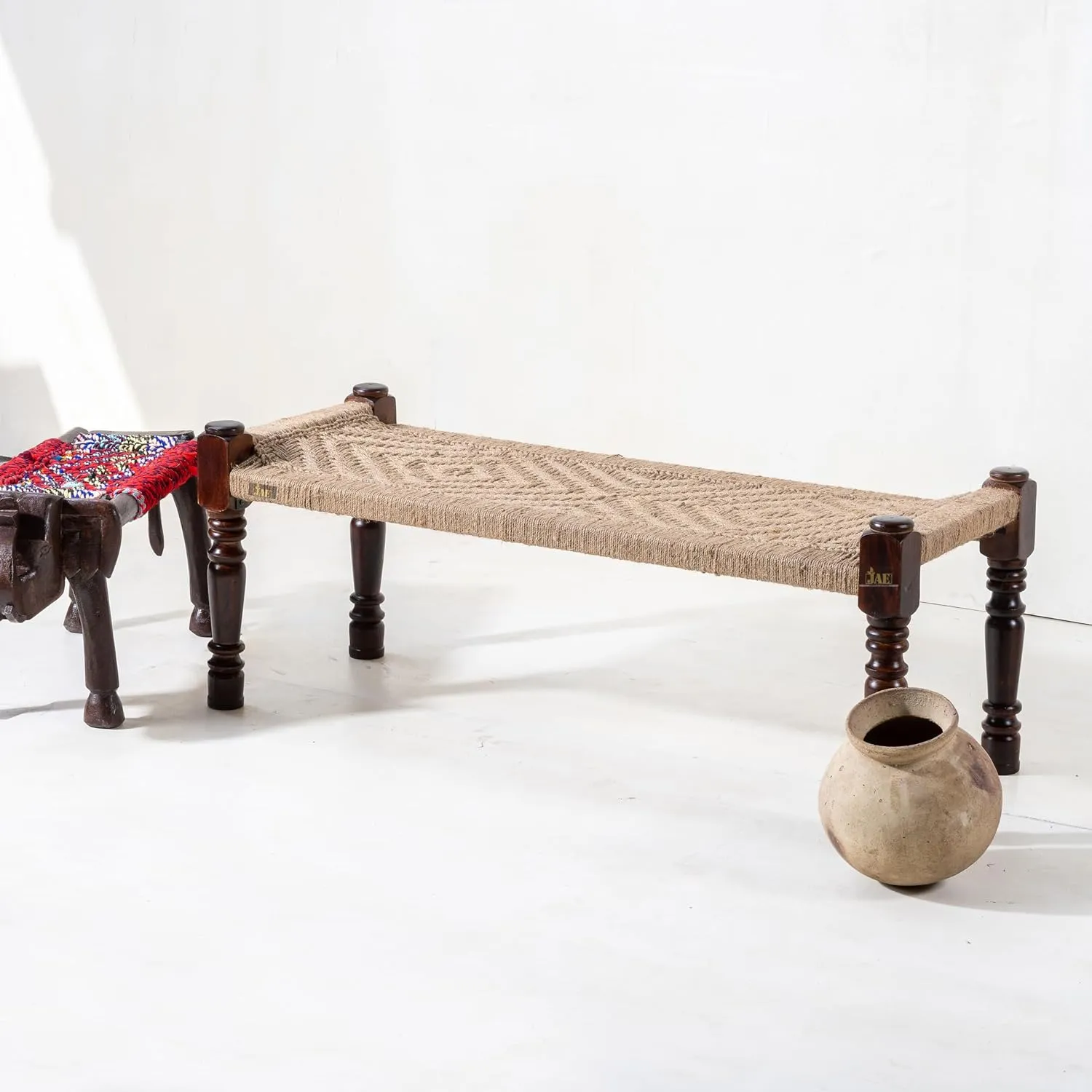 Indian Solid Wood Handmade Jute Rope Bench Charpai Khat Manjhi Woven Charpai Daybed