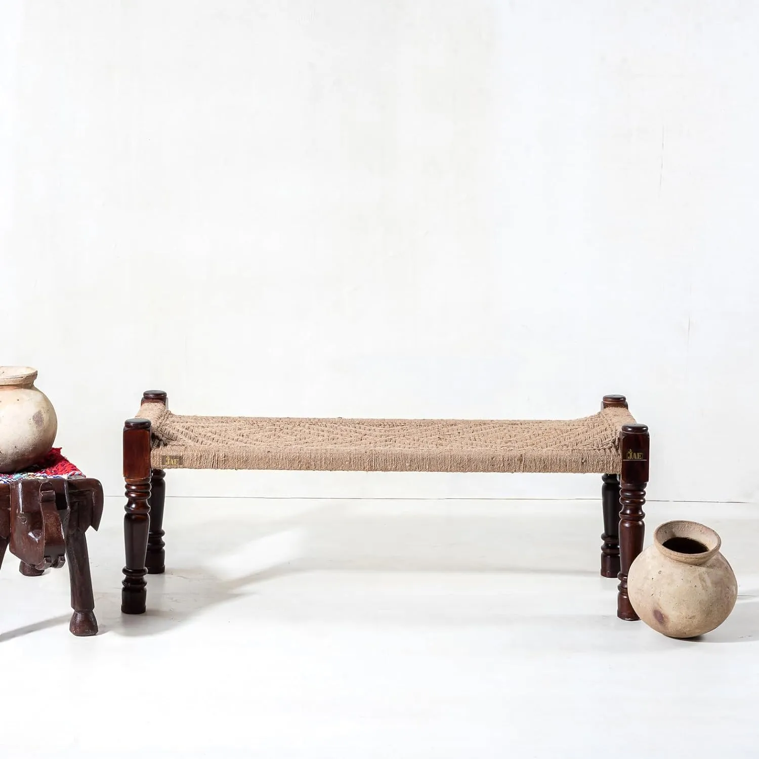 Indian Solid Wood Handmade Jute Rope Bench Charpai Khat Manjhi Woven Charpai Daybed