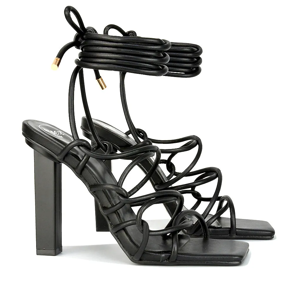 Jolene Strappy Square Toe Block High Heels Lace up Sandals in White Synthetic Leather