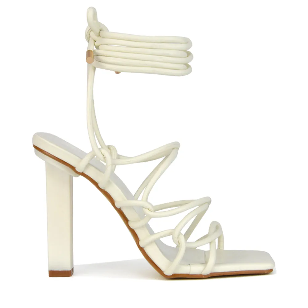 Jolene Strappy Square Toe Block High Heels Lace up Sandals in White Synthetic Leather