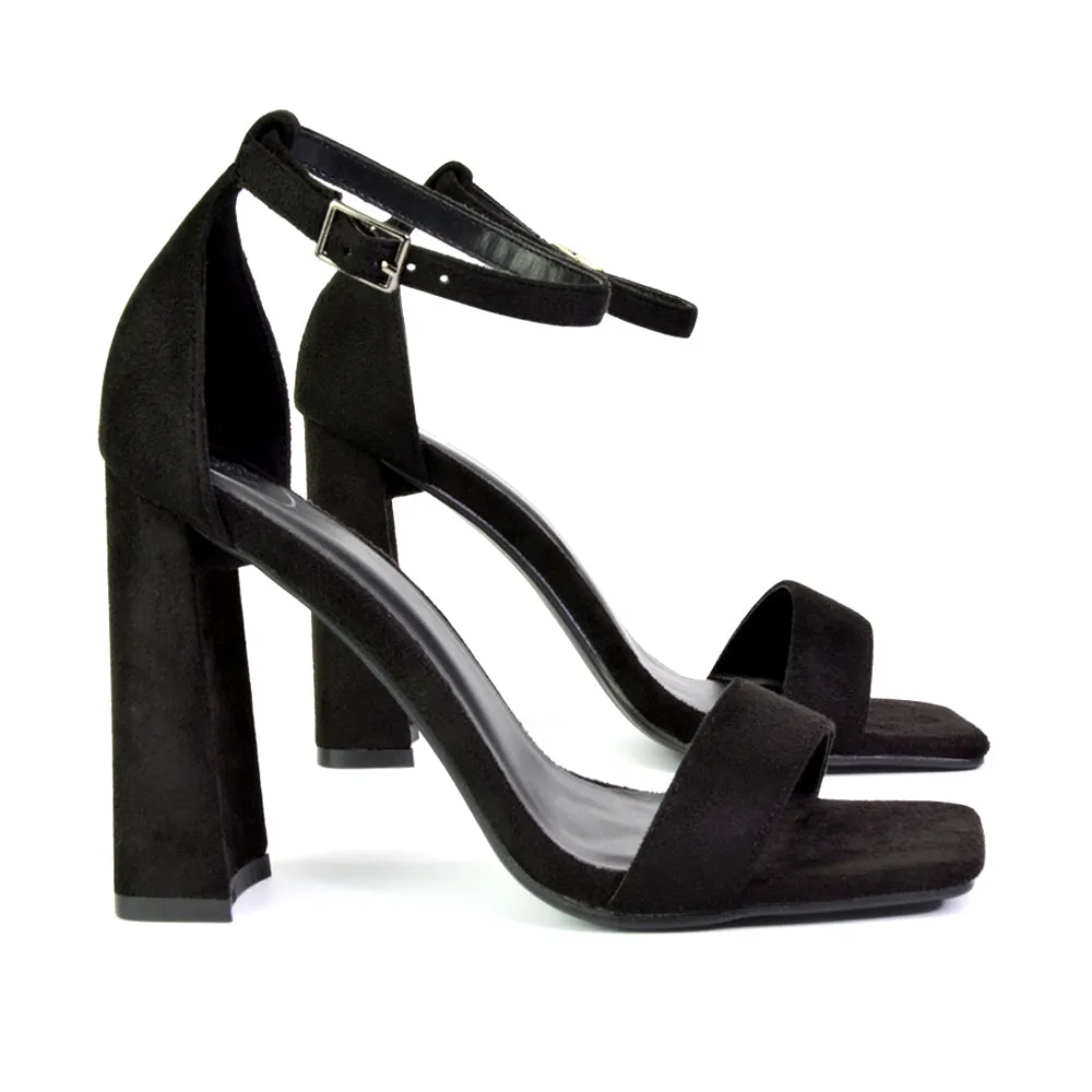 Kamryn Buckle Up Ankle Strap Square Toe Block High Heel Sandals in Black