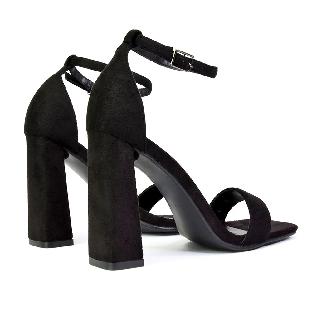 Kamryn Buckle Up Ankle Strap Square Toe Block High Heel Sandals in Black