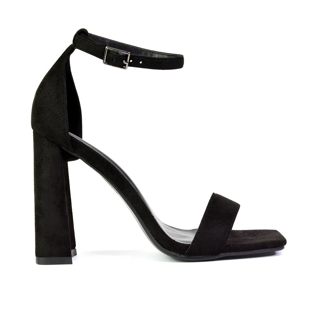 Kamryn Buckle Up Ankle Strap Square Toe Block High Heel Sandals in Black