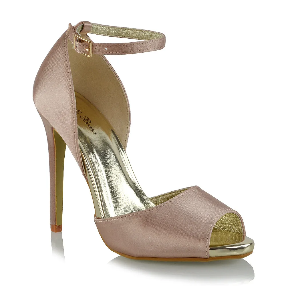 KENNEDY GOLD TRIM STRAPPY PEEP TOE STILETTO HIGH HEEL SANDALS IN CHAMPAGNE SATIN