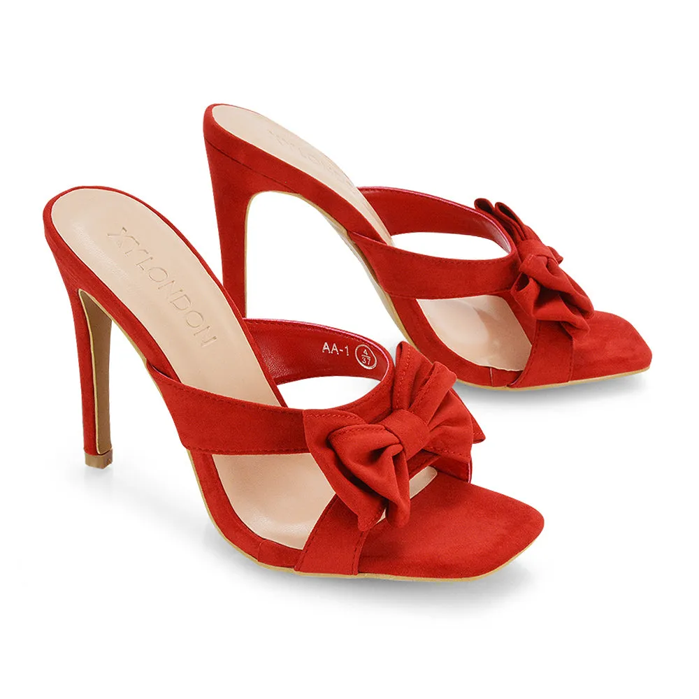 Larsa Bow Detail Square Toe Stiletto Slip on Mule Strappy Sandal Heels in Red