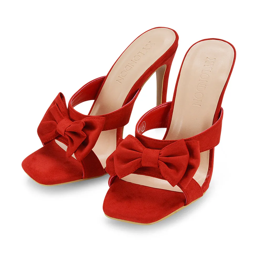 Larsa Bow Detail Square Toe Stiletto Slip on Mule Strappy Sandal Heels in Red