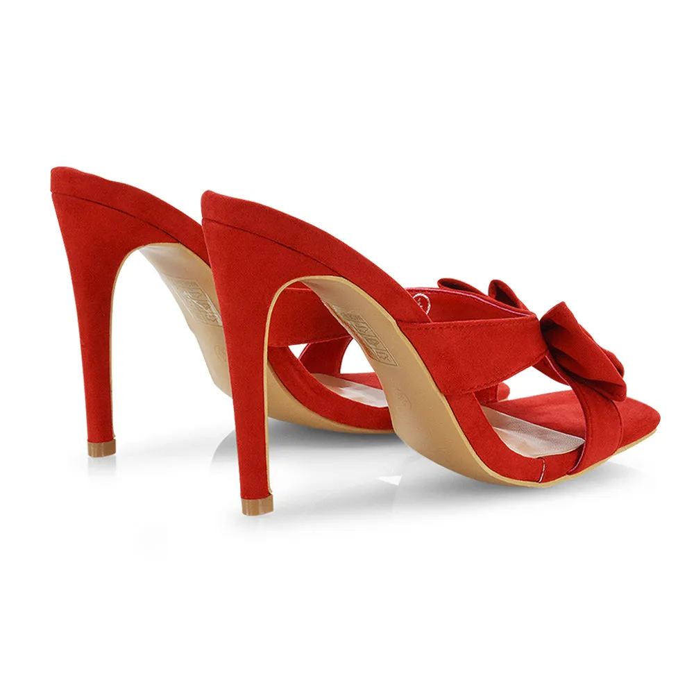 Larsa Bow Detail Square Toe Stiletto Slip on Mule Strappy Sandal Heels in Red