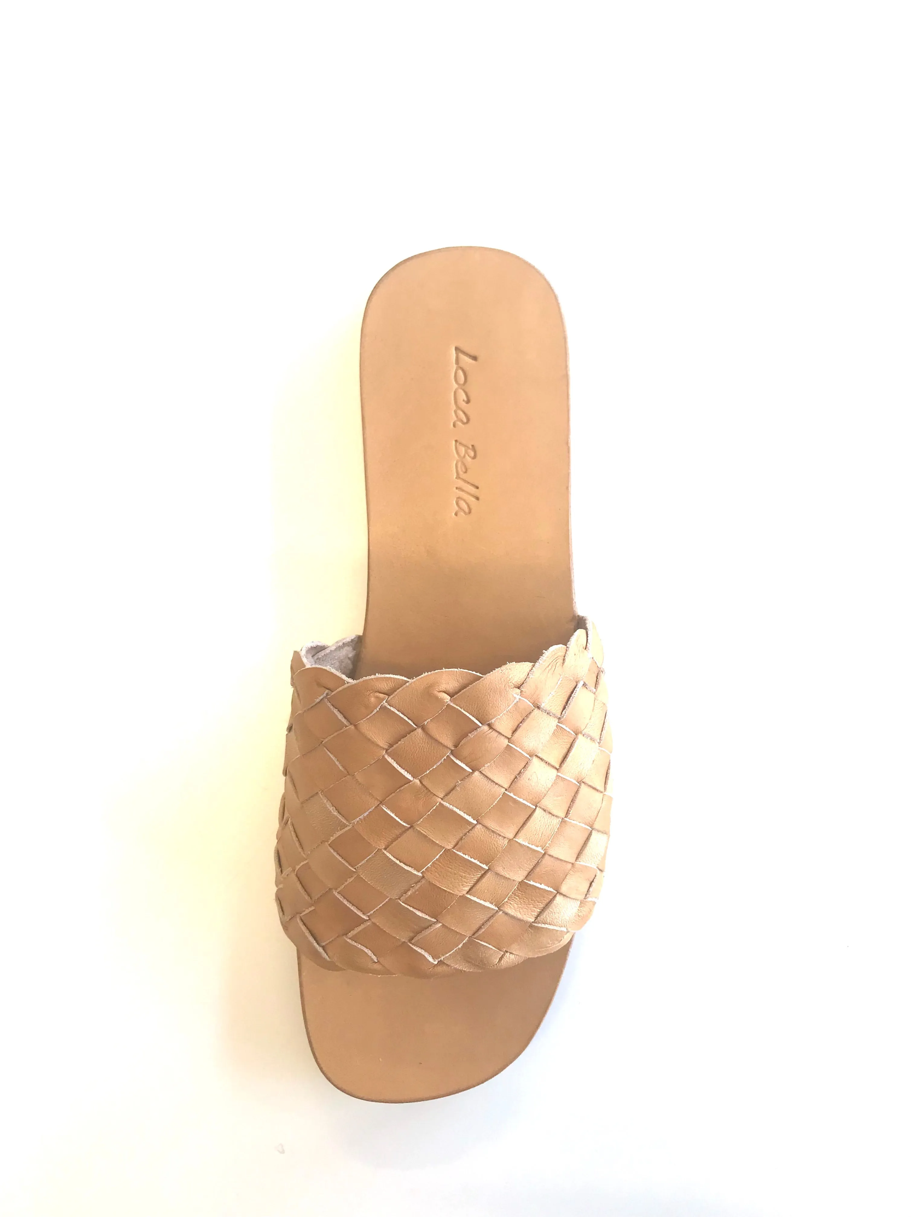 LOCA BELLA THE LABEL AMALFI WOVEN SLIDE TAN