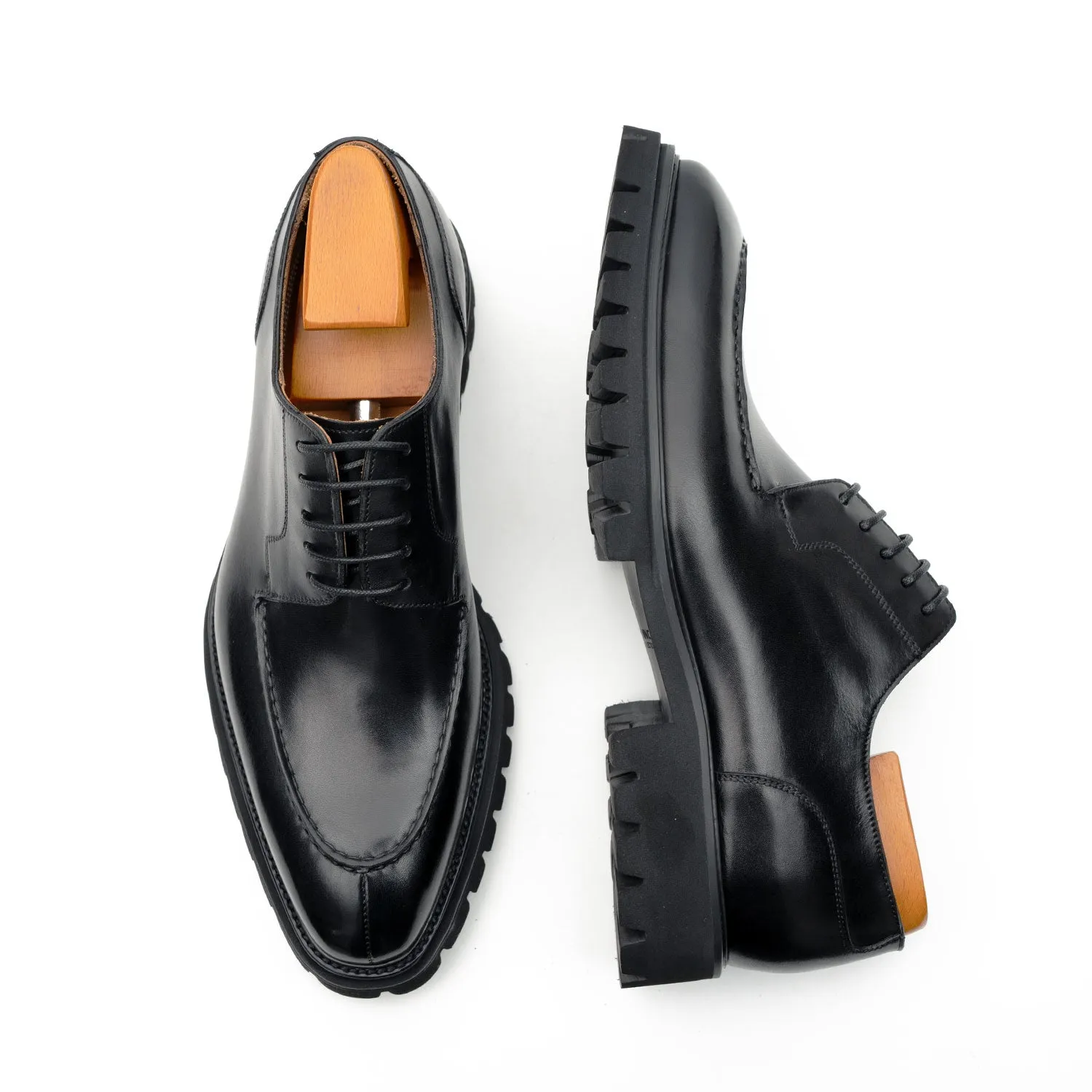 Men's Classic Black Derby Leather Shoes with Lug Sole