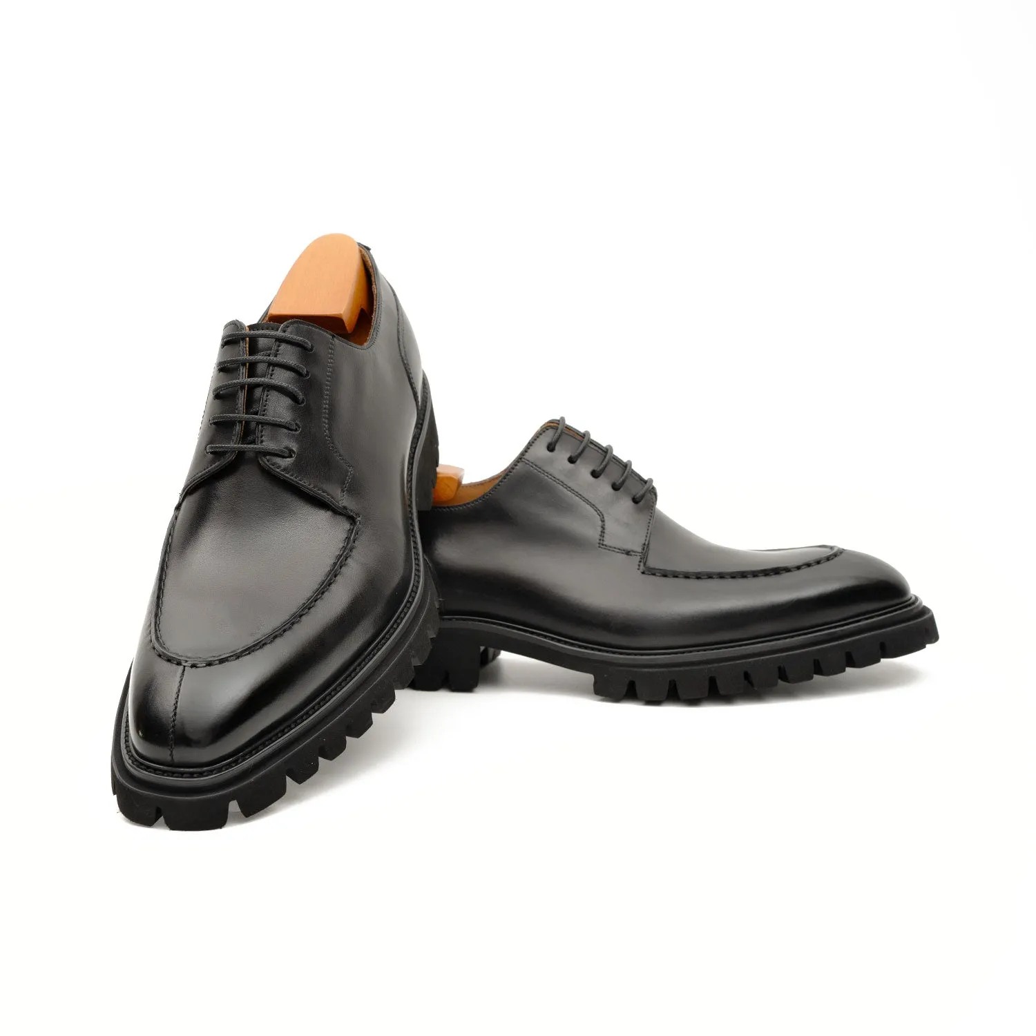 Men's Classic Black Derby Leather Shoes with Lug Sole