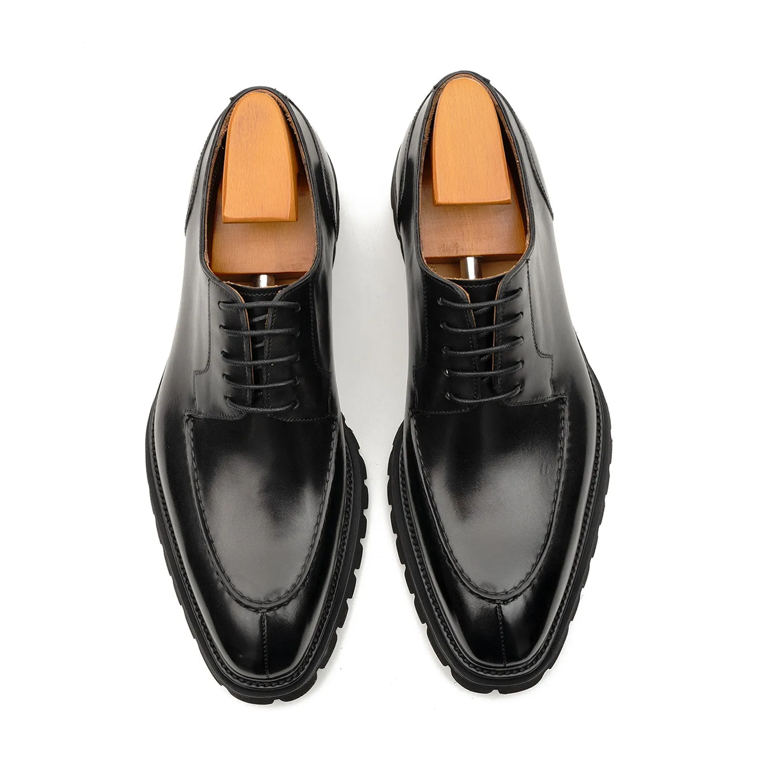 Men's Classic Black Derby Leather Shoes with Lug Sole