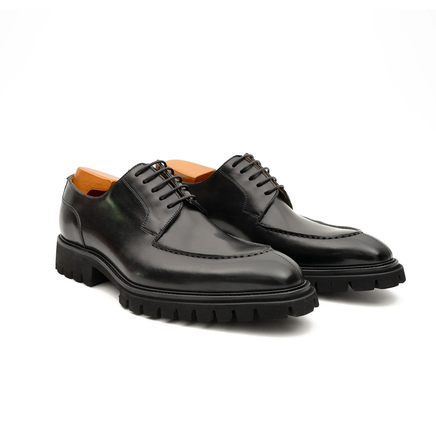 Men's Classic Black Derby Leather Shoes with Lug Sole