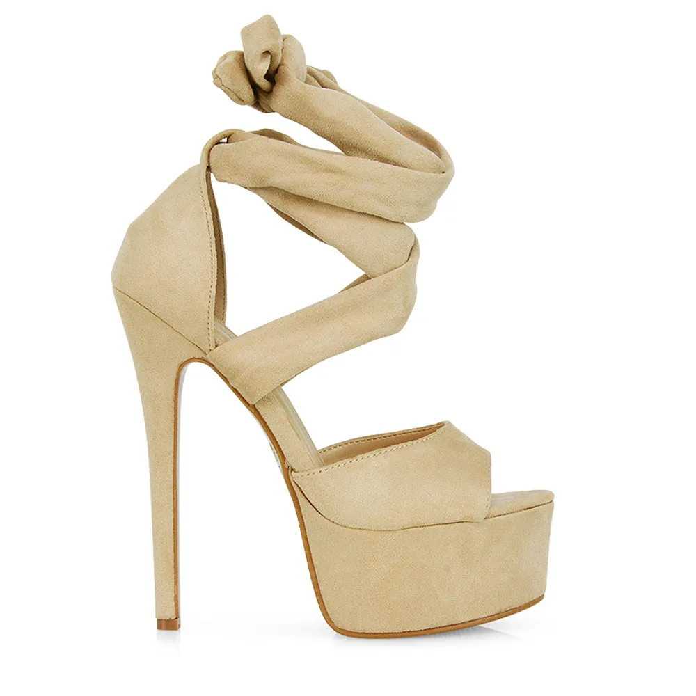 Oakley Platform Lace up Strappy Peep toe Stiletto High Heels in Nude Faux Suede