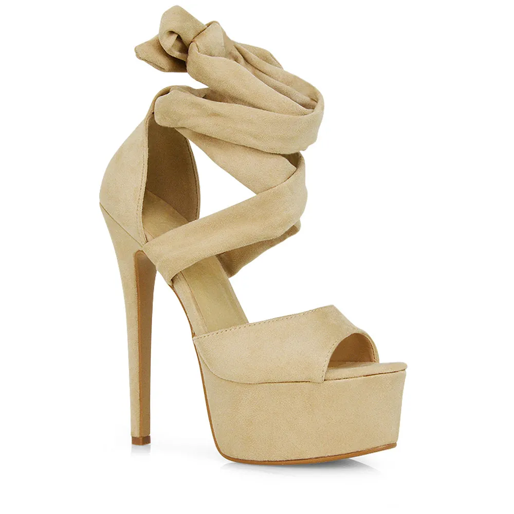 Oakley Platform Lace up Strappy Peep toe Stiletto High Heels in Nude Faux Suede