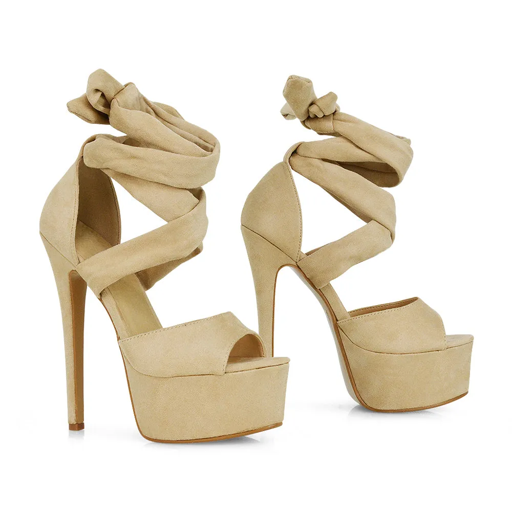 Oakley Platform Lace up Strappy Peep toe Stiletto High Heels in Nude Faux Suede