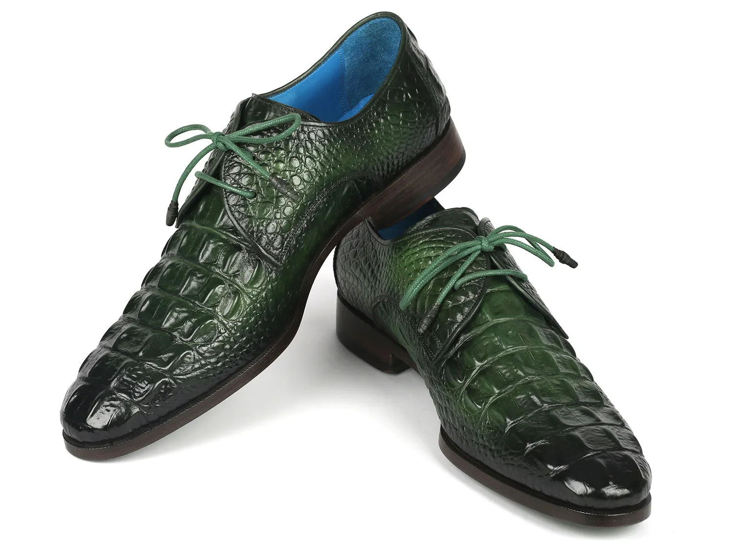 Paul Parkman Men's Green Croco Textured Leather Derby Shoes