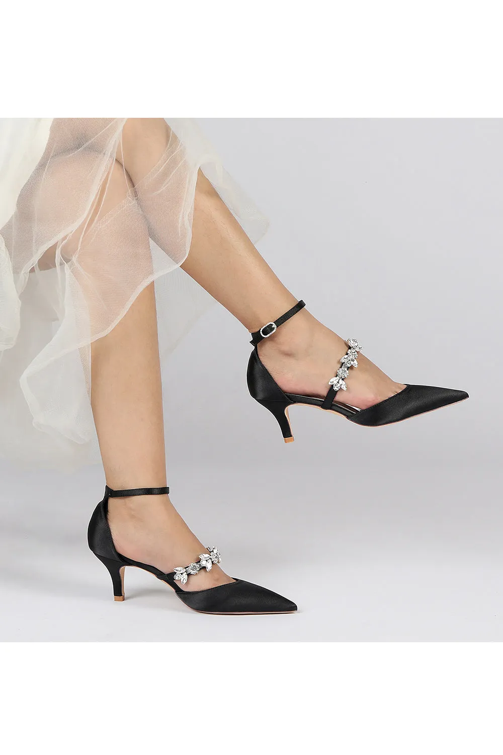 Pointed Toe Rhinestone Ankle Straps High Heels